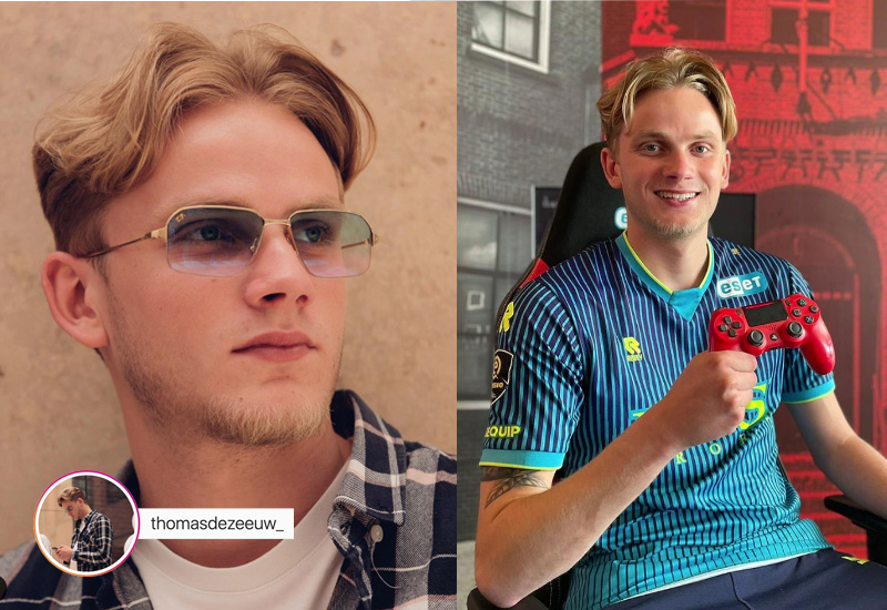Thomas de Zeeuw holds a gaming consule while wearing Sparta shirt and wearing SEIKO Vision glasses